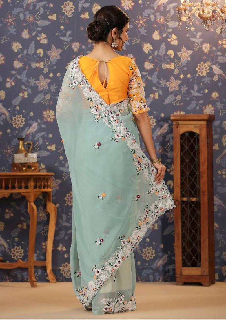 Sky Blue Embroidered Georgette Saree Set