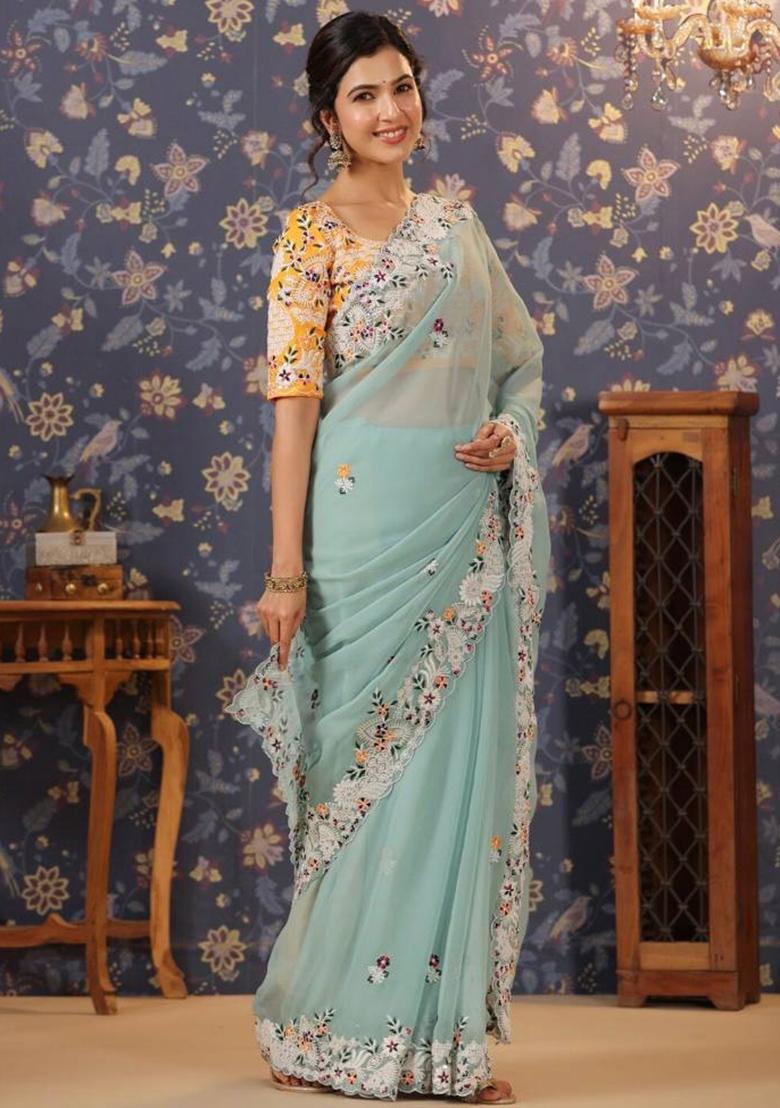 Sky Blue Embroidered Georgette Saree Set