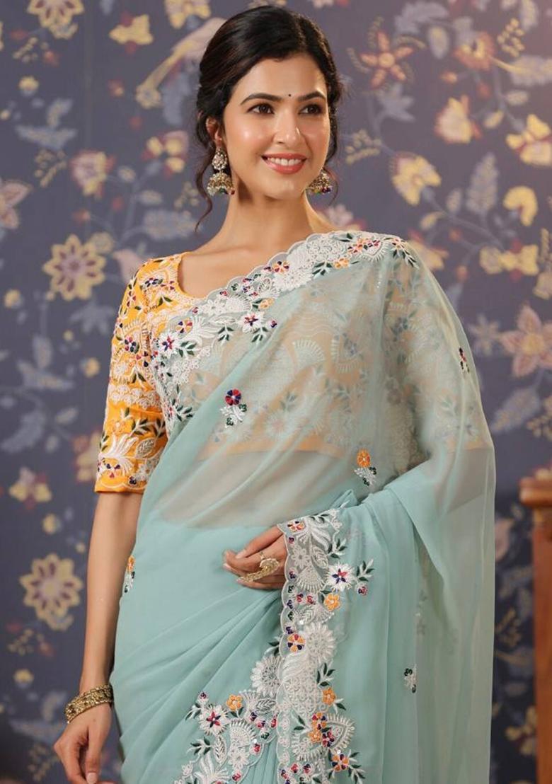 Sky Blue Embroidered Georgette Saree Set