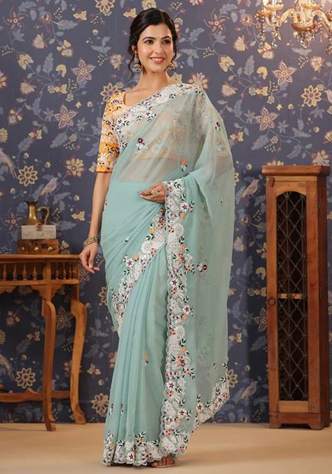 Sky Blue Embroidered Georgette Saree Set