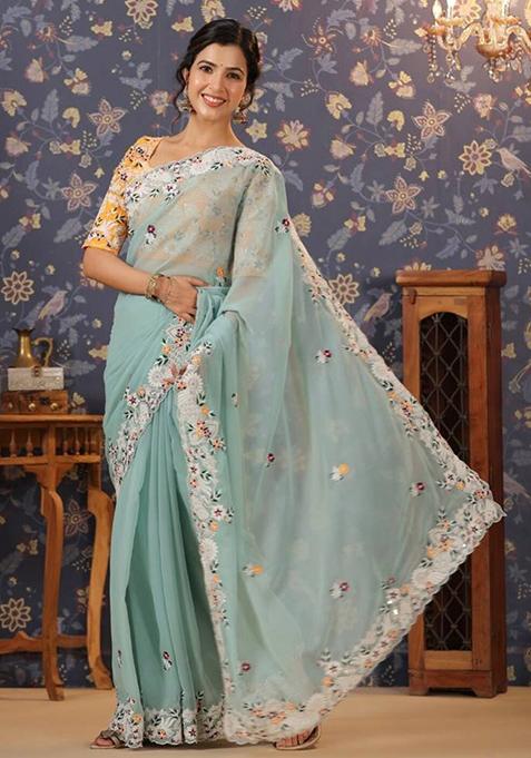 Sky Blue Embroidered Georgette Saree Set