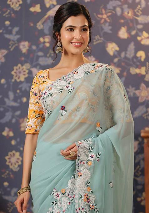 Sky Blue Embroidered Georgette Saree Set