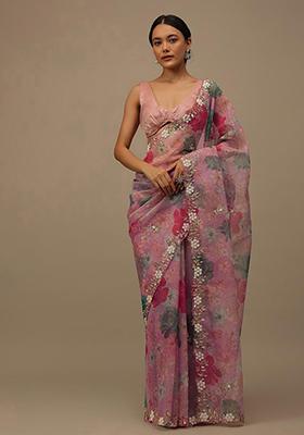 Pink Cutdana Embroidered Soft Organza Saree Set