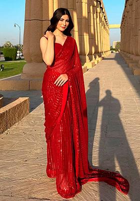 Red Maroon Sequin Embroidered Georgette Saree Set
