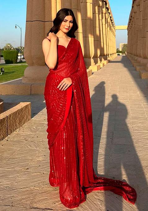 Red Maroon Sequin Embroidered Georgette Saree Set