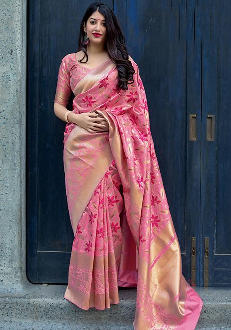 Pink Jacquard Silk Saree Set