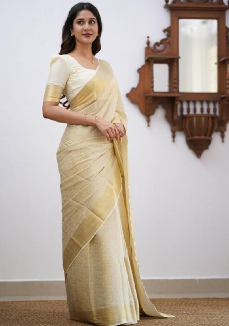 Cream Jacquard Banarasi Silk Saree Set