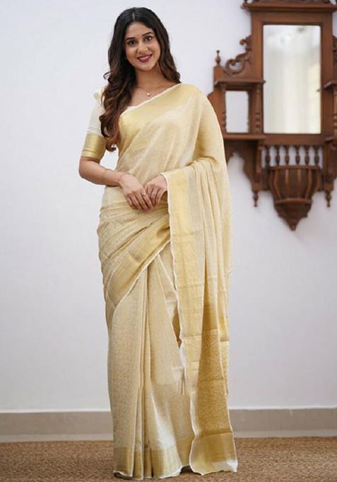Cream Jacquard Banarasi Silk Saree Set