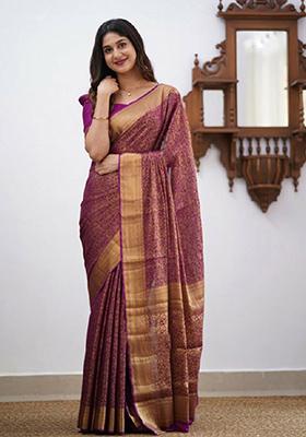 Purple Jacquard Banarasi Silk Saree Set