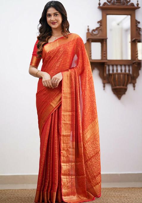 Red Jacquard Banarasi Silk Saree Set