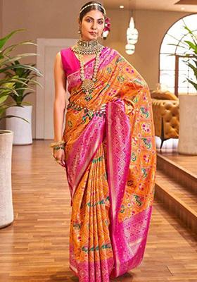 Orange Jacquard Banarasi Silk Saree Set