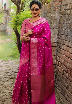 Pink Jacquard Banarasi Silk Saree Set