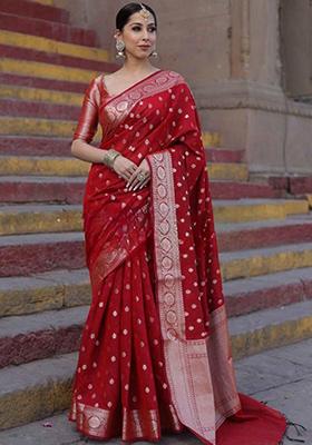 Red Jacquard Banarasi Silk Saree Set
