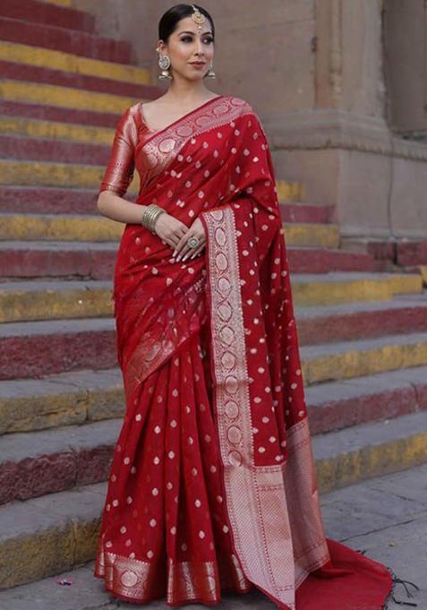 Red Jacquard Banarasi Silk Saree Set
