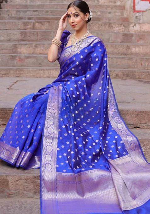 Royal Blue Jacquard Banarasi Silk Saree Set
