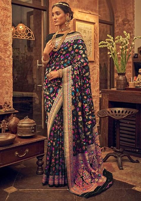 Black Jacquard Banarasi Silk Saree Set