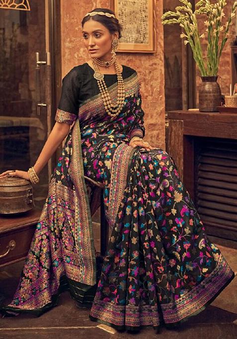 Black Jacquard Banarasi Silk Saree Set