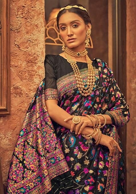 Black Jacquard Banarasi Silk Saree Set