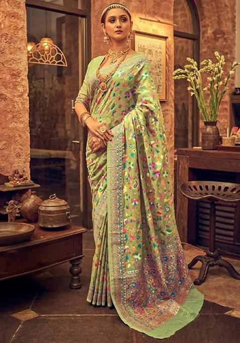 Pista Jacquard Banarasi Silk Saree Set