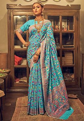 Sky Blue Jacquard Banarasi Silk Saree Set