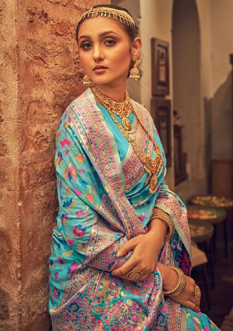 Sky Blue Jacquard Banarasi Silk Saree Set