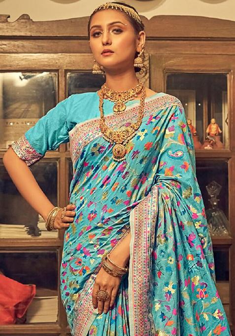 Sky Blue Jacquard Banarasi Silk Saree Set