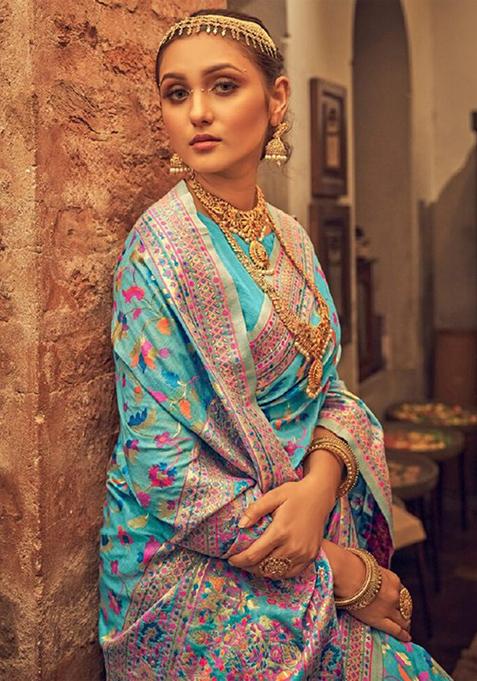 Sky Blue Jacquard Banarasi Silk Saree Set