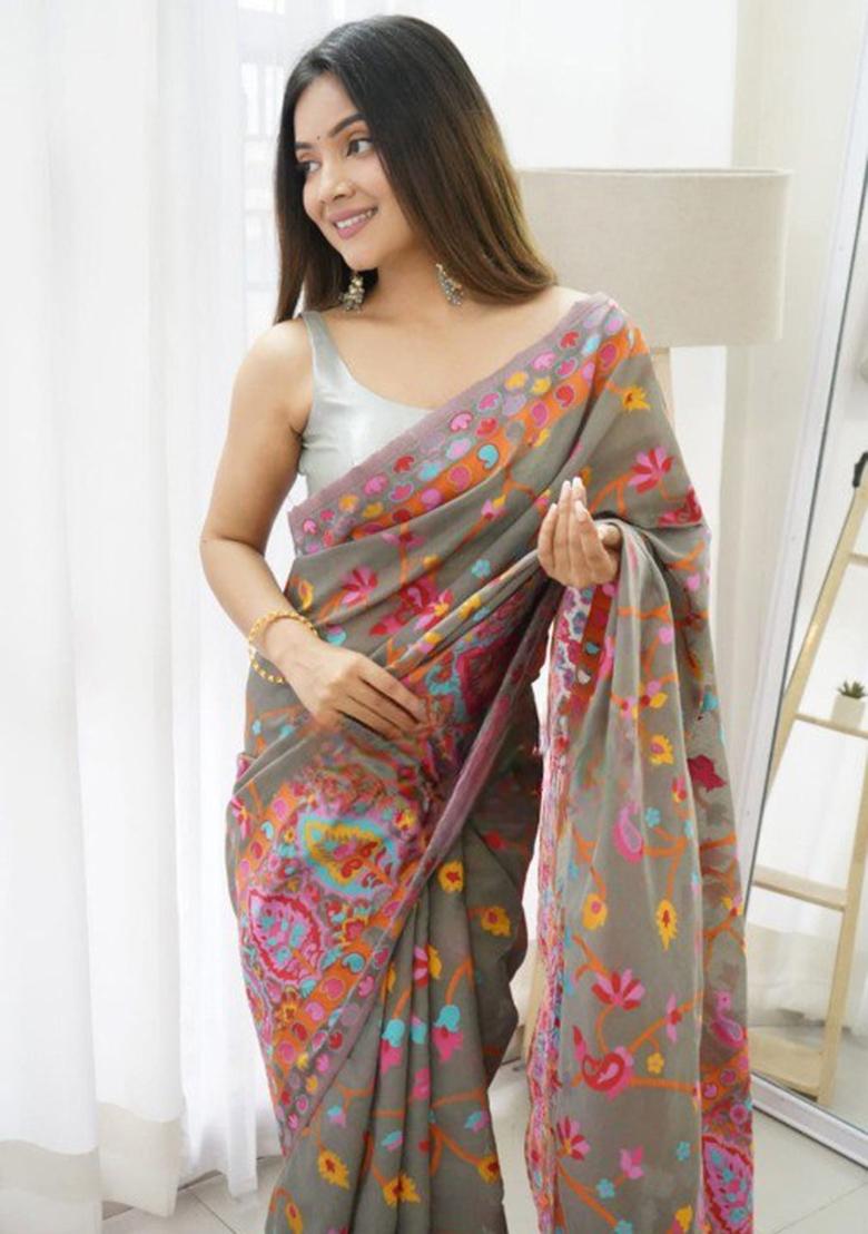 Brown Thread Zari Woven Banarasi Silk Saree Set