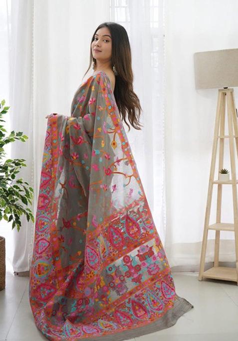 Brown Thread Zari Woven Banarasi Silk Saree Set