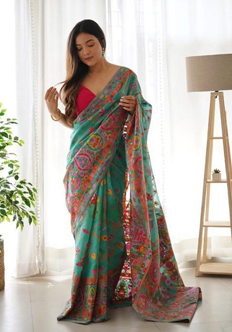 Green Thread Zari Woven Banarasi Silk Saree Set