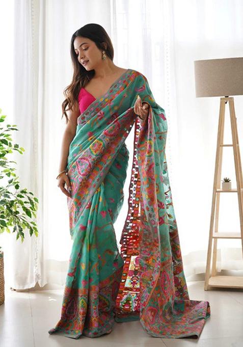 Green Thread Zari Woven Banarasi Silk Saree Set