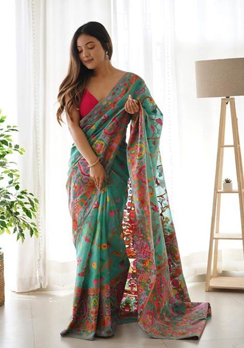 Green Thread Zari Woven Banarasi Silk Saree Set