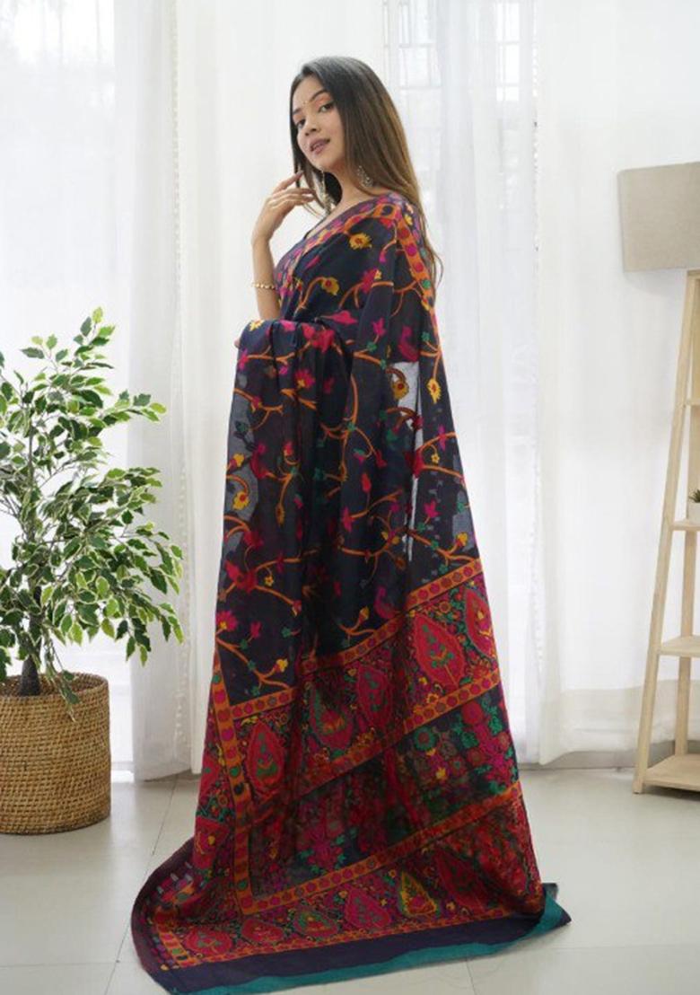 Navy Blue Thread Zari Woven Banarasi Silk Saree Set