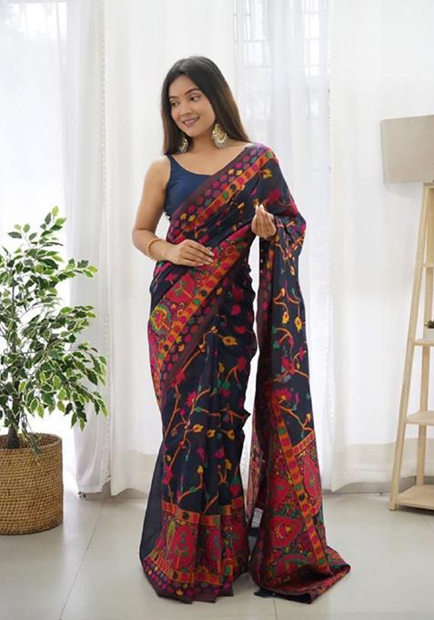 Navy Blue Thread Zari Woven Banarasi Silk Saree Set