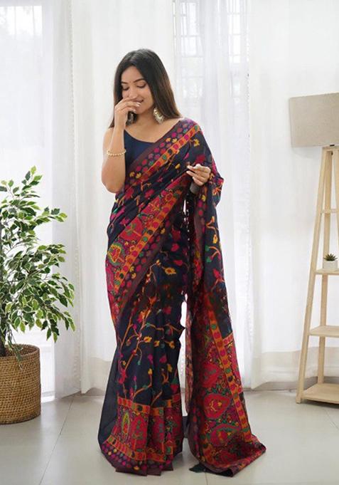 Navy Blue Thread Zari Woven Banarasi Silk Saree Set