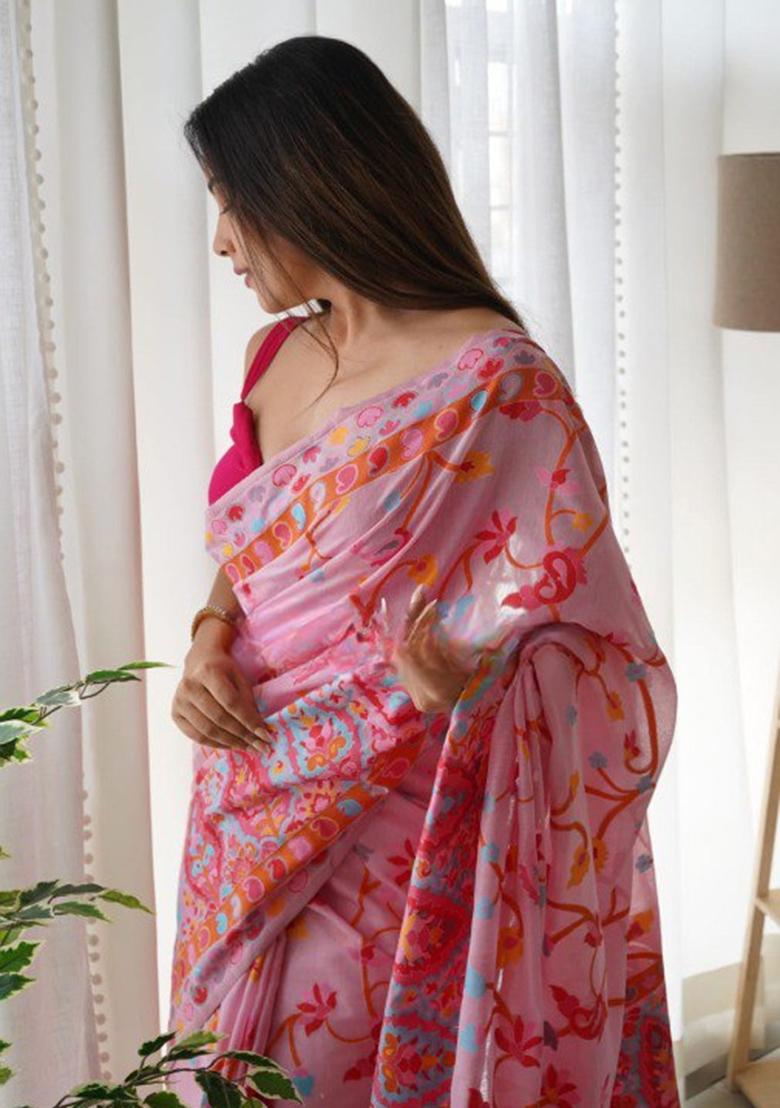 Pink Thread Zari Woven Banarasi Silk Saree Set