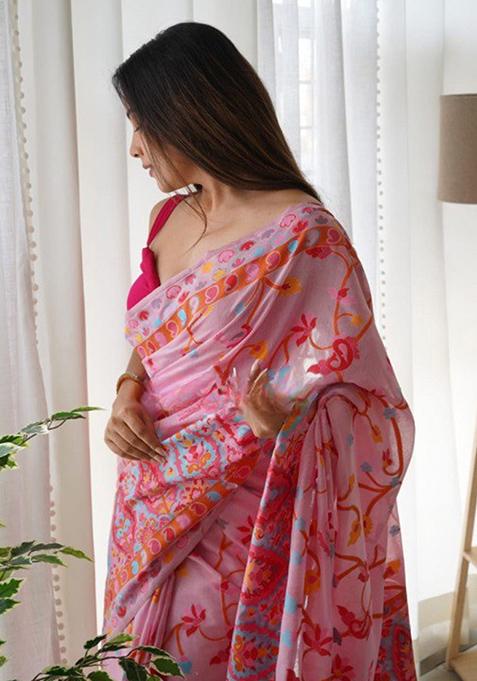 Pink Thread Zari Woven Banarasi Silk Saree Set