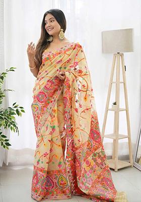 Light Yellow Thread Zari Woven Banarasi Silk Saree Set