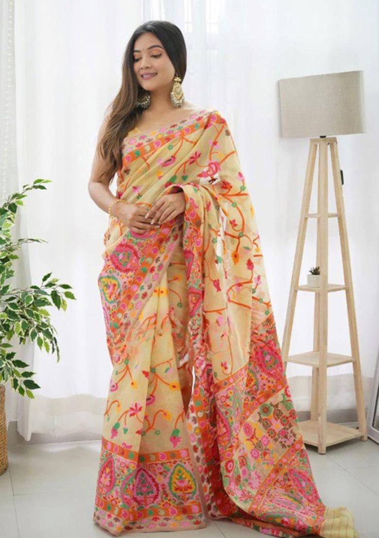 Light Yellow Thread Zari Woven Banarasi Silk Saree Set