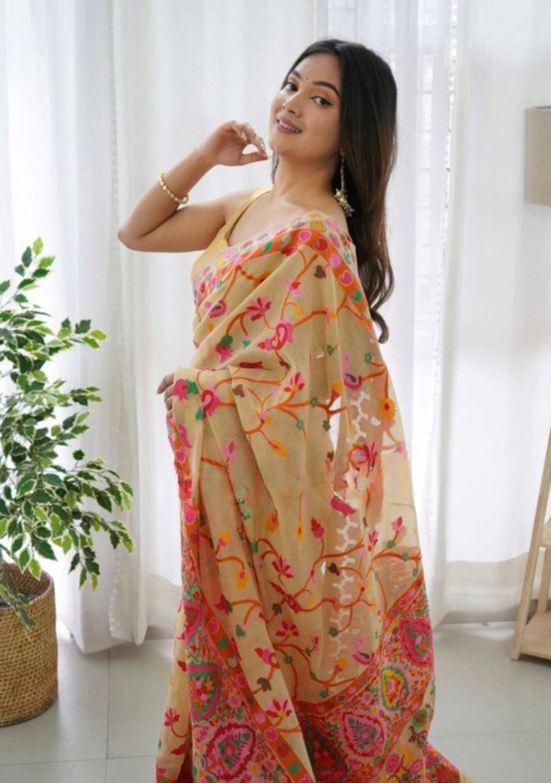 Light Yellow Thread Zari Woven Banarasi Silk Saree Set