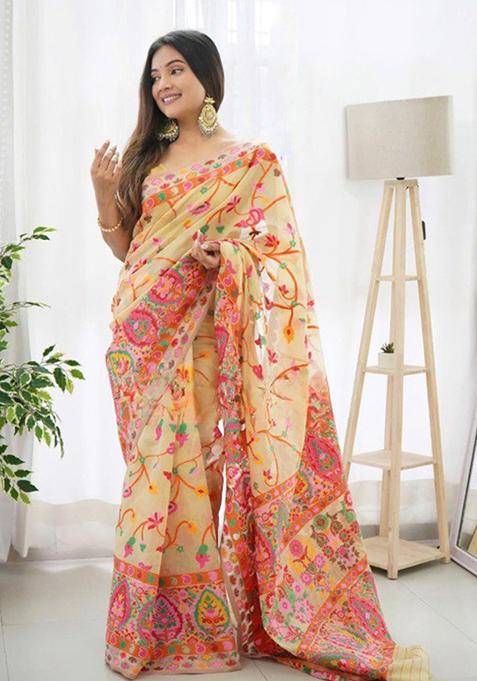 Light Yellow Thread Zari Woven Banarasi Silk Saree Set