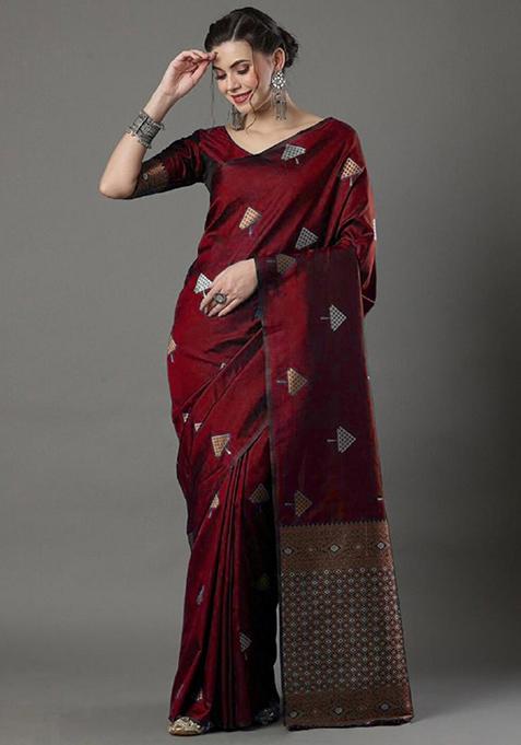 Maroon Zari Woven Banarasi Silk Saree Set