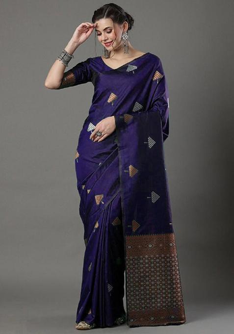 Purple Zari Woven Banarasi Silk Saree Set