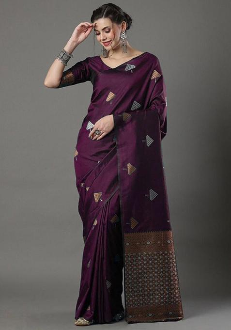 Burgundy Zari Woven Banarasi Silk Saree Set