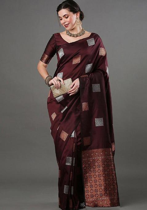 Brown Zari Woven Banarasi Silk Saree Set