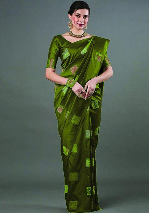 Mehendi Green Zari Woven Banarasi Silk Saree Set