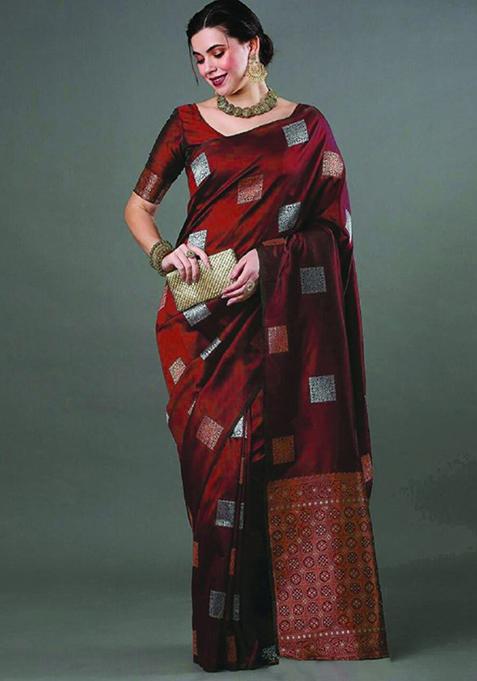 Maroon Zari Woven Banarasi Silk Saree Set