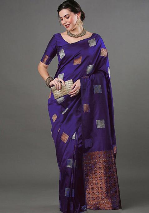 Purple Zari Woven Banarasi Silk Saree Set