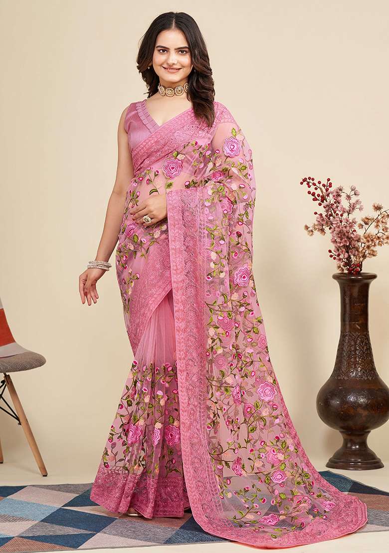 Pink Soft Net Saree Set with Embroidered for Diwali | Wedding & Festive Wear - Indya