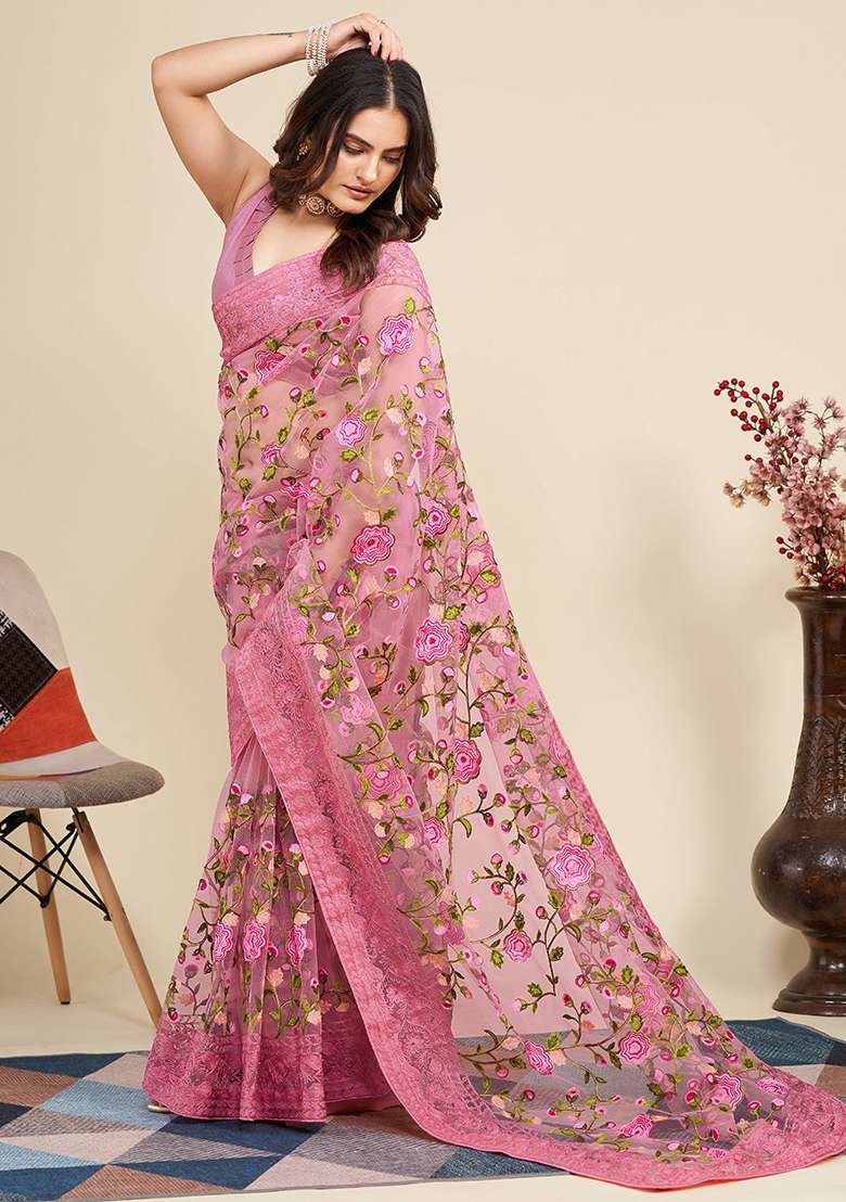 Pink Soft Net Saree Set with Embroidered for Diwali | Wedding & Festive Wear - Indya